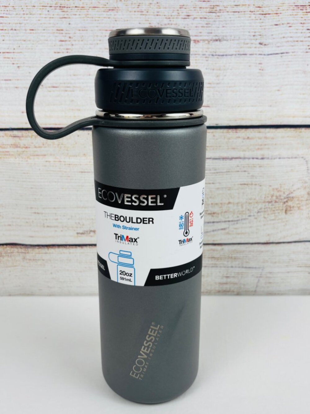 EcoVessel The Boulder 20oz Bottle Insulated Stainless Steel & Strainer Gray